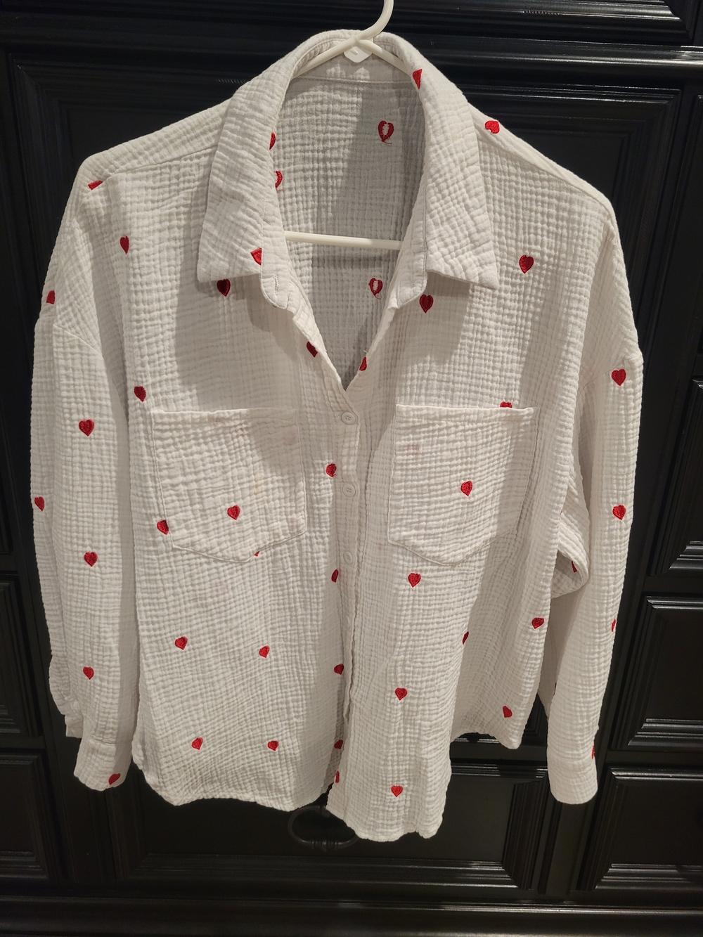 White Button-Up Shirt with Red Heart Embroidery